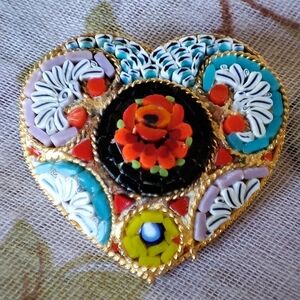 Micromosaic Micro Mosaic ITALY Heart Brooch Gold Tone